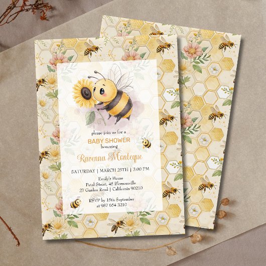 Honeycomb Floral Bee Personalized Baby Shower 招待状