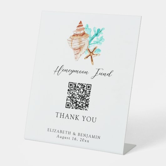 Honeymoon Fund QR Code Coastal Wedding Elegant 台座サイン (正面)