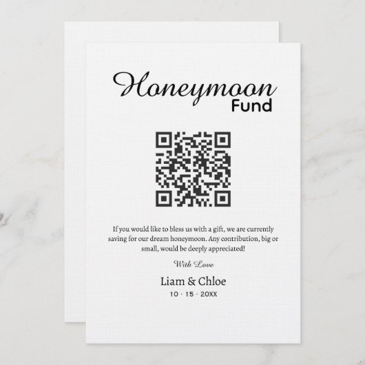 Honeymoon Fund QR Code Sign, Wedding Honeymoon In  招待状 (正面/裏面)