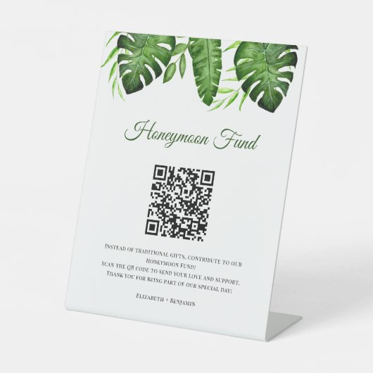 Honeymoon Fund QR Code Tropical Wedding Greenery 台座サイン (正面)