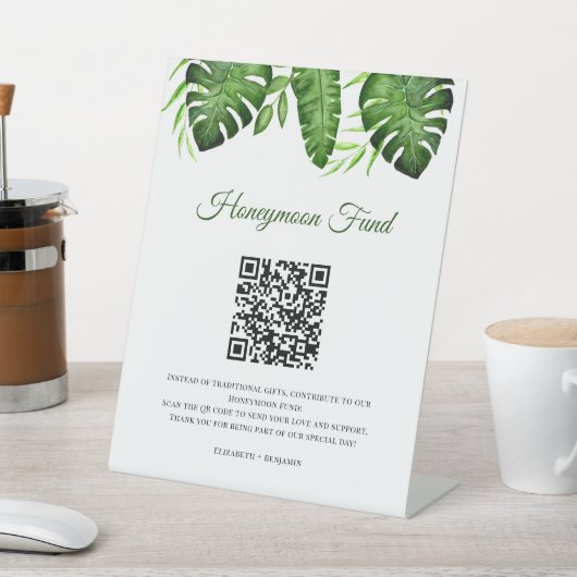 Honeymoon Fund QR Code Tropical Wedding Greenery 台座サイン (インサイチュ)