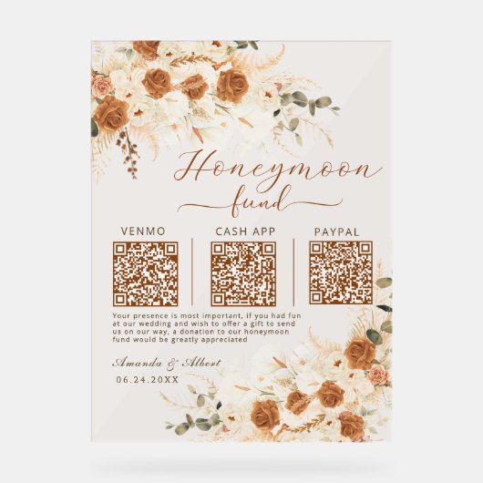 Honeymoon Fund QR Wedding| Cash App Venmo & PayPal アクリルサイン (正面)