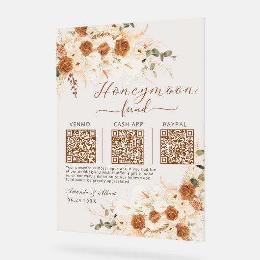 Honeymoon Fund QR Wedding| Cash App Venmo & PayPal アクリルサイン (傾斜)