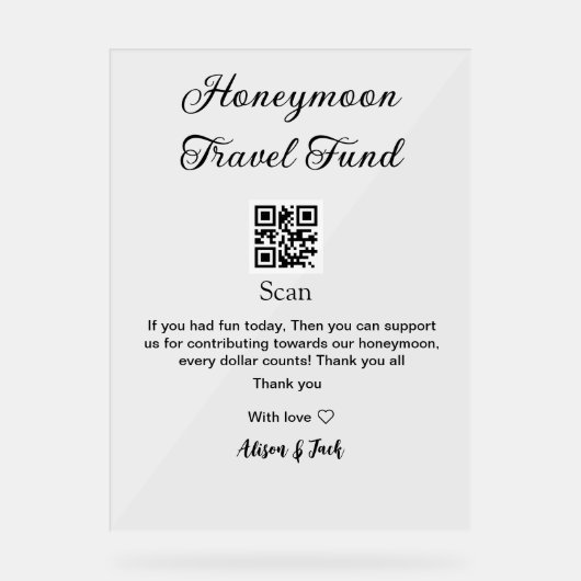 Honeymoon fund scan QR codeadd name  アクリルサイン (正面)