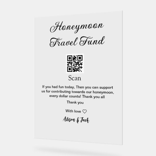 Honeymoon fund scan QR codeadd name  アクリルサイン (傾斜)