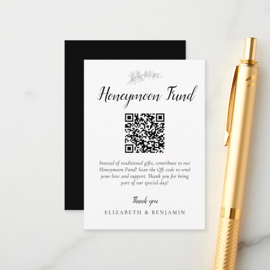 Honeymoon Fund Wedding QR Code Minimal Elegant エンクロージャーカード (正面/裏面インサイチュ)