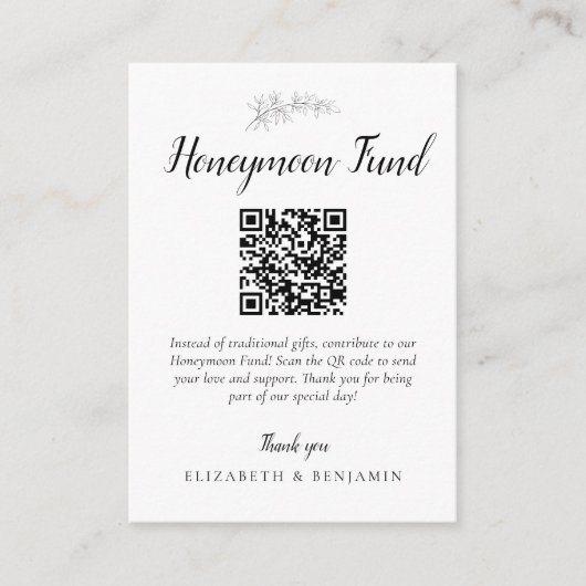 Honeymoon Fund Wedding QR Code Minimal Elegant エンクロージャーカード (正面)
