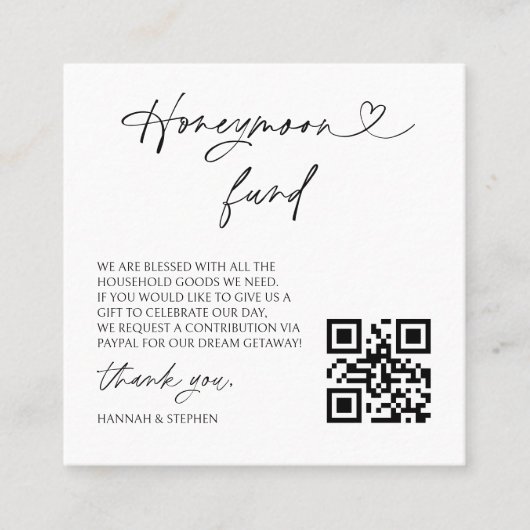 Honeymoon Fund Wedding Request Enclosure QR Card スクエア名刺 (正面)