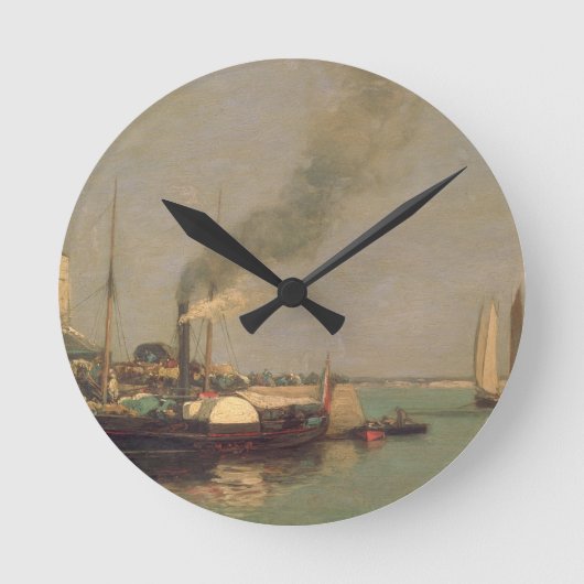 Honfleur。 La Jetee 1854-57年(パネルの油) ラウンド壁時計 (正面)