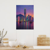 Hong Kong Skyline Pointillism Sunset Cityscape ポスター (キッチン)