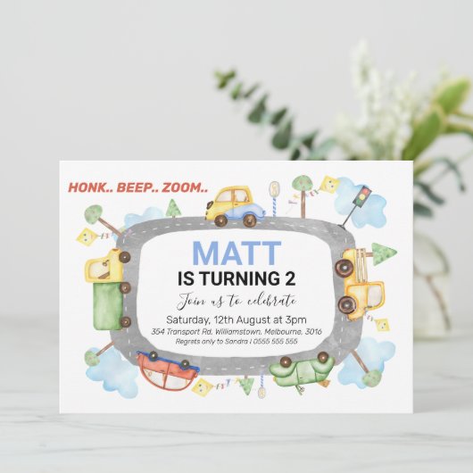 Honkビープ音のズームトランスポート誕生日パーティーの招待 招待状 (スタンド正面)