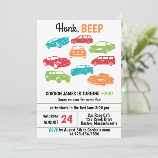 Honk Beep自動車/車の誕生日パーティー 招待状 (スタンド正面)