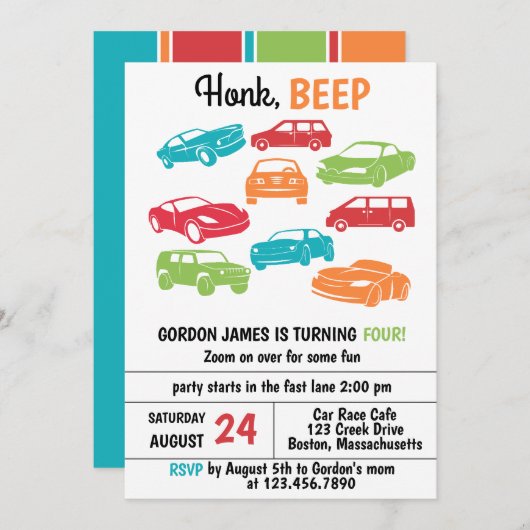 Honk Beep自動車/車の誕生日パーティー 招待状 (正面/裏面)