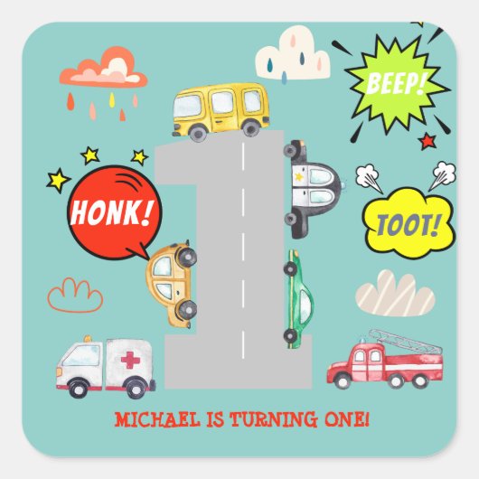 Honk beep toot車の最初の男の子の誕生日 スクエアシール (正面)