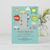 Honk beep toot車の最初の男の子の誕生日 招待状 (スタンド正面)