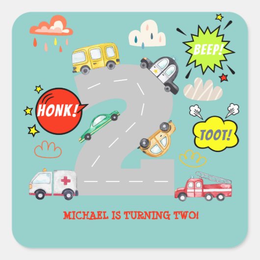 Honk beep toot車の男の子の誕生日 スクエアシール (正面)