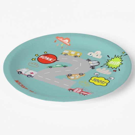 Honk beep toot車の男の子の誕生日 ペーパープレート (アングル)