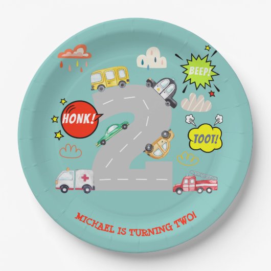 Honk beep toot車の男の子の誕生日 ペーパープレート (正面)