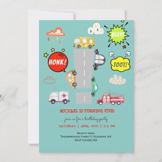 Honk beep toot車の男の子の誕生日 招待状 (正面)