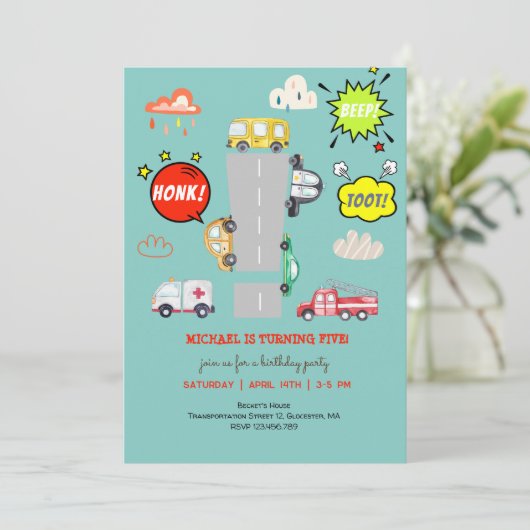 Honk beep toot車の男の子の誕生日 招待状 (スタンド正面)