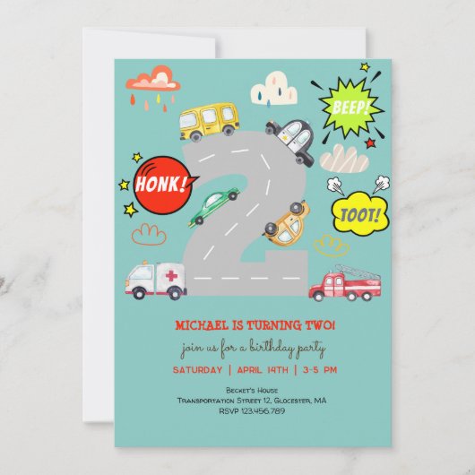 Honk beep toot車の男の子の誕生日 招待状 (正面)