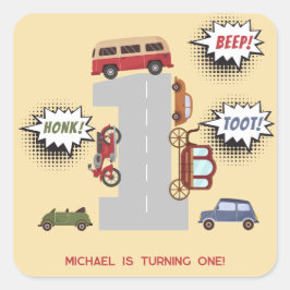 Honk beep toot retro車の最初の男の子の誕生日 スクエアシール