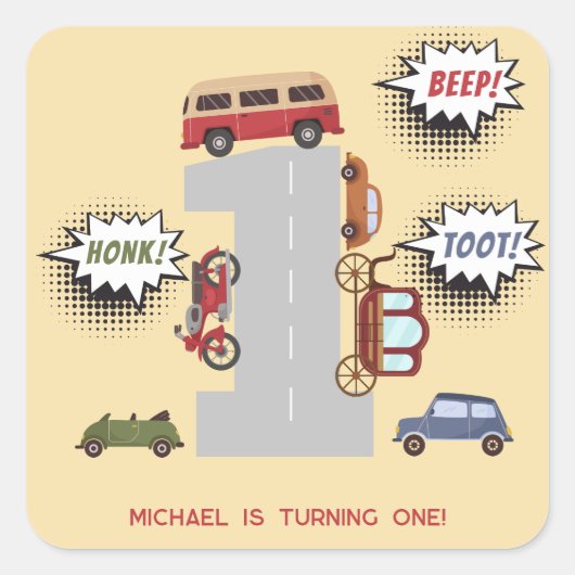 Honk beep toot retro車の最初の男の子の誕生日 スクエアシール (正面)