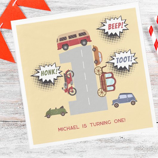 Honk beep toot retro車の最初の男の子の誕生日 スタンダードランチョンナプキン