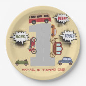 Honk beep toot retro車の最初の男の子の誕生日 ペーパープレート (正面)