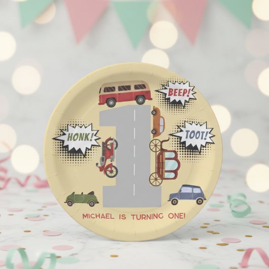 Honk beep toot retro車の最初の男の子の誕生日 ペーパープレート