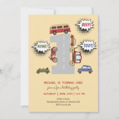 Honk beep toot retro車の最初の男の子の誕生日 招待状 (正面)