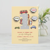 Honk beep toot retro車の最初の男の子の誕生日 招待状 (スタンド正面)