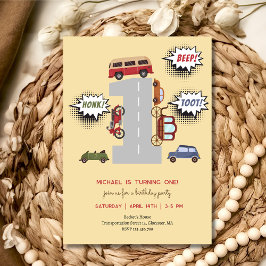 Honk beep toot retro車の最初の男の子の誕生日 招待状