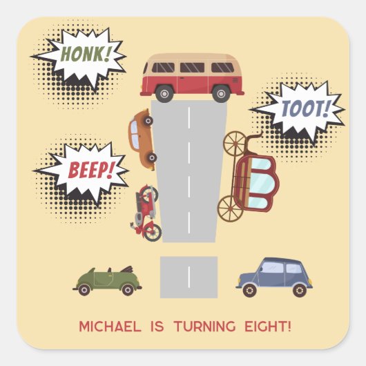 Honk beep toot retro車の男の子の誕生日 スクエアシール (正面)