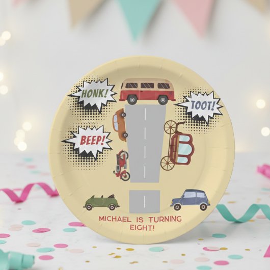Honk beep toot retro車の男の子の誕生日 ペーパープレート