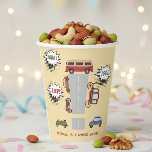 Honk beep toot retro車の男の子の誕生日 紙コップ