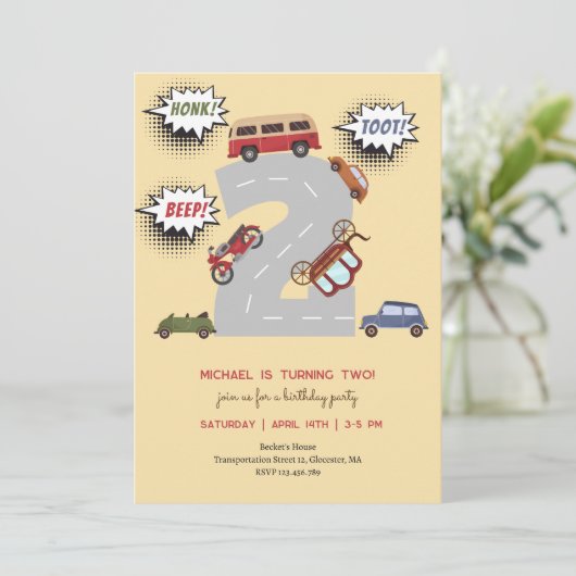 Honk beep toot retro車の2番目の男の子の誕生日 招待状 (スタンド正面)