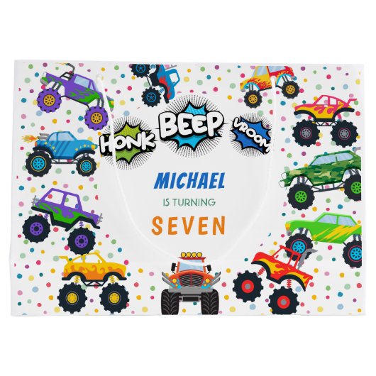 Honk beep vroomモンスタートラック男の子誕生日ボウル ラージペーパーバッグ (裏面)