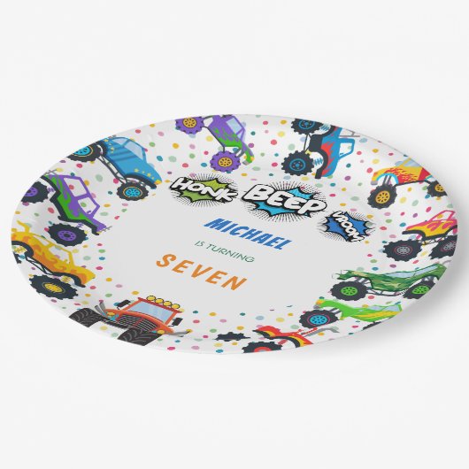 Honk beep vroomモンスタートラック男の子誕生日 ペーパープレート (アングル)