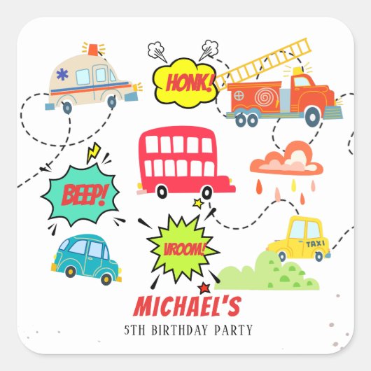 Honk beep vroom happy veicles boy birthday スクエアシール (正面)