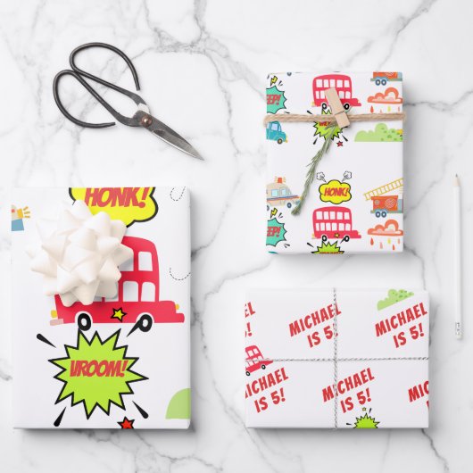 Honk beep vroom happy veicles boy birthday ラッピングペーパーシート (正面)