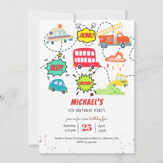Honk beep vroom happy veicles boy birthday 招待状 (正面)