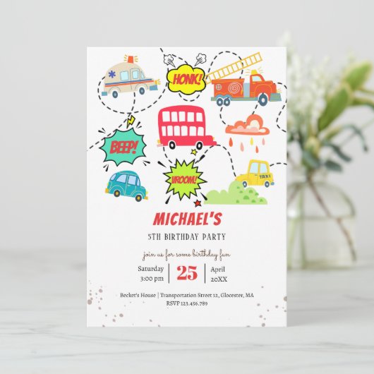 Honk beep vroom happy veicles boy birthday 招待状 (スタンド正面)