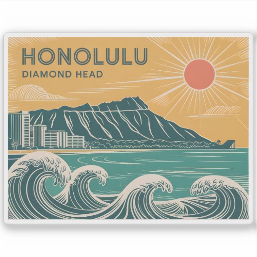 Honolulu Diamond Head Oahu Waikiki Retro Minimal シール (正面)