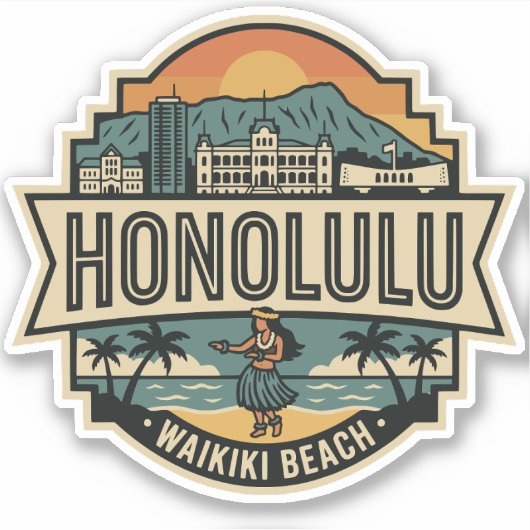 Honolulu Hawaii Skyline Beach Travel Badge シール (正面)