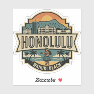 Honolulu Hawaii Skyline Beach Travel Badge シール