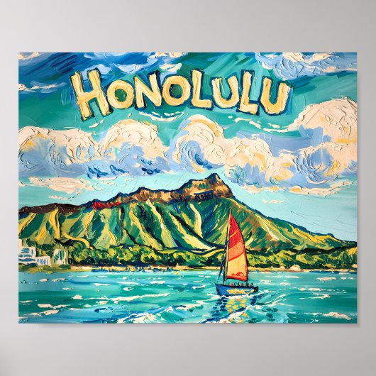Honolulu Hawaii Vintage Travel Van Gogh Landscape ポスター (正面)