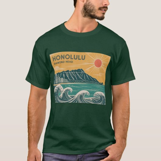 Honolulu Oahu Diamond Head Retro Mid-Century Style Tシャツ (正面)