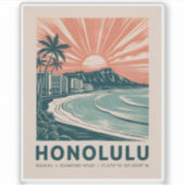Honolulu Oahu Hawaii Waikiki Beach Retro Travel  シール (正面)