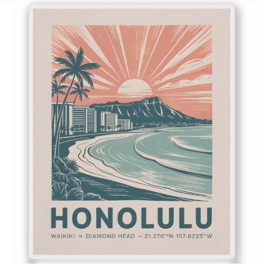 Honolulu Oahu Hawaii Waikiki Beach Retro Travel  シール (正面)